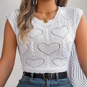 Top court en tricot avec motif en forme de cœur pour femmes