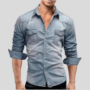 Chemise en jean pour homme avec boutons pression - coupe classique - manches longues pour un style décontracté