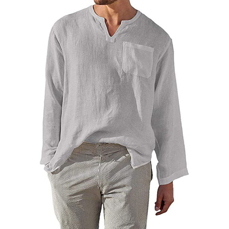 Chemise homme à manches longues en lin et coton - coupe décontractée avec col mandarin pour un style casual et élégant – Image 4