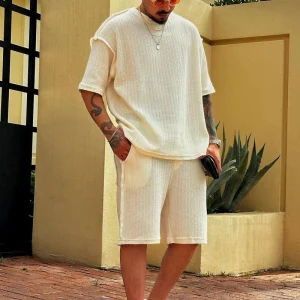 Ensemble Sportif Hommes - Tissu Coton Respirant - T-Shirt Confortable et Short Mi-Mollet pour un Style Décontracté