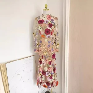 Robe Sirène à Motifs Floraux – Manches Longues