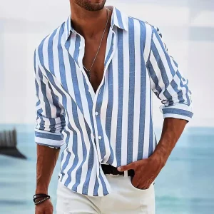 Chemise homme à manches longues en coton lin - coupe décontractée - boutons - rayures décontractées