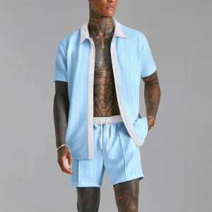 Ensemble Chemise et Short pour Homme - Mélange de Coton - Coupe Confortable - Col Revers - Taille à Cordon de Serrage