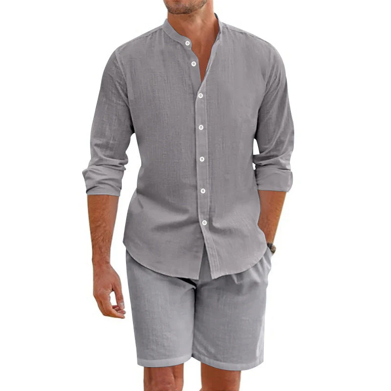 Ensemble Homme Deux Pièces - Mélange de Lin - Coupe Décontractée - Chemise à Boutons & Shorty Mi-Cuisse – Image 3