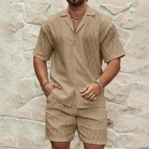 Ensemble d'été deux pièces confortable pour hommes - Chemise boutonnée à manches courtes et short décontractés en coton doux
