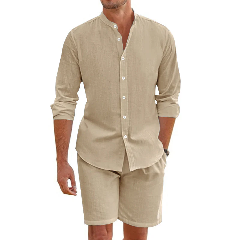 Ensemble Homme Deux Pièces - Mélange de Lin - Coupe Décontractée - Chemise à Boutons & Shorty Mi-Cuisse
