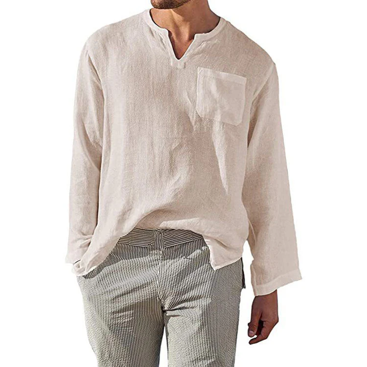 Chemise homme à manches longues en lin et coton - coupe décontractée avec col mandarin pour un style casual et élégant – Image 5