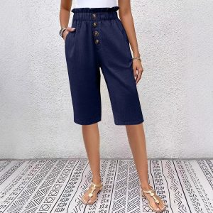 Short en lin pour femmes à taille haute avec style paperbag, coupe décontractée, bouton devant et longueur juste au genou