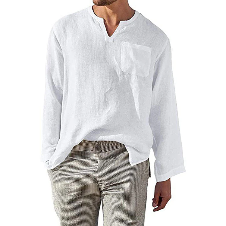 Chemise homme à manches longues en lin et coton - coupe décontractée avec col mandarin pour un style casual et élégant