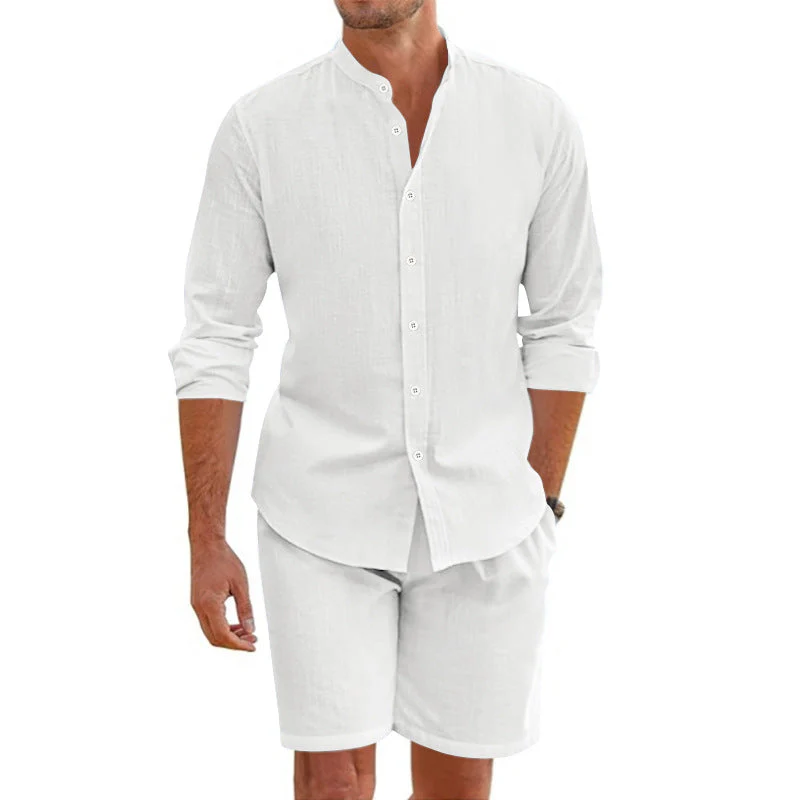 Ensemble Homme Deux Pièces - Mélange de Lin - Coupe Décontractée - Chemise à Boutons & Shorty Mi-Cuisse – Image 2