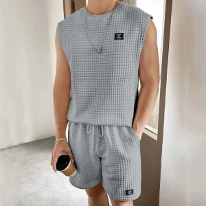 Set de lounge pour hommes - Maille gaufrée - Haut sans manches et short - Vêtements de détente ultra-confortables