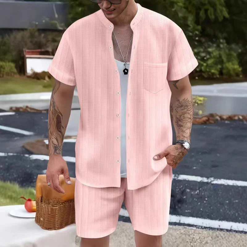 Set de homme 2 pièces - Chemise à col henley et short - Convient léger et décontracté – Image 4