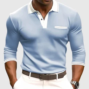 Chemise homme à manches longues slim fit en coton mélangé avec col polo et poche poitrine