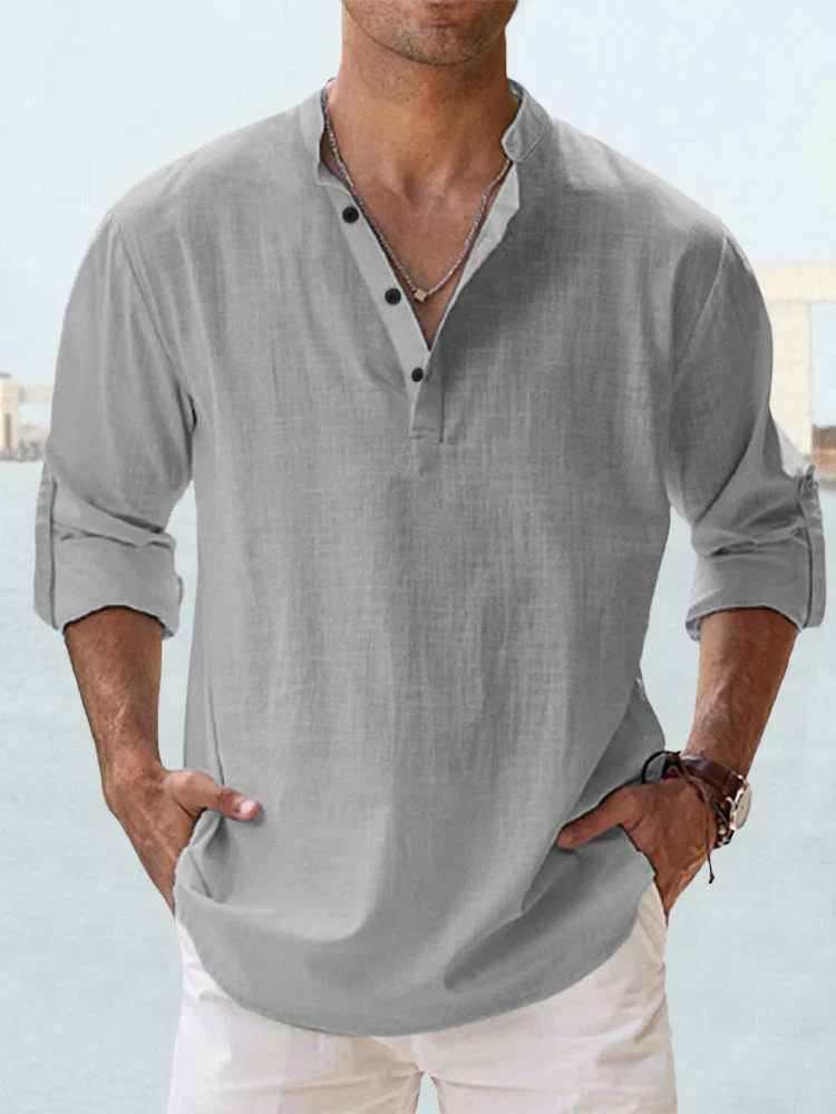 Chemise Henley confortable pour hommes - Mélange coton-linen respirant - Coupe décontractée avec manches longues et col à bandes – Image 5