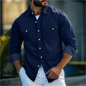 Chemise en Jean pour Hommes - Coupe Classique - Manches Longues - Boutonnée avec Poches à la Poitrine