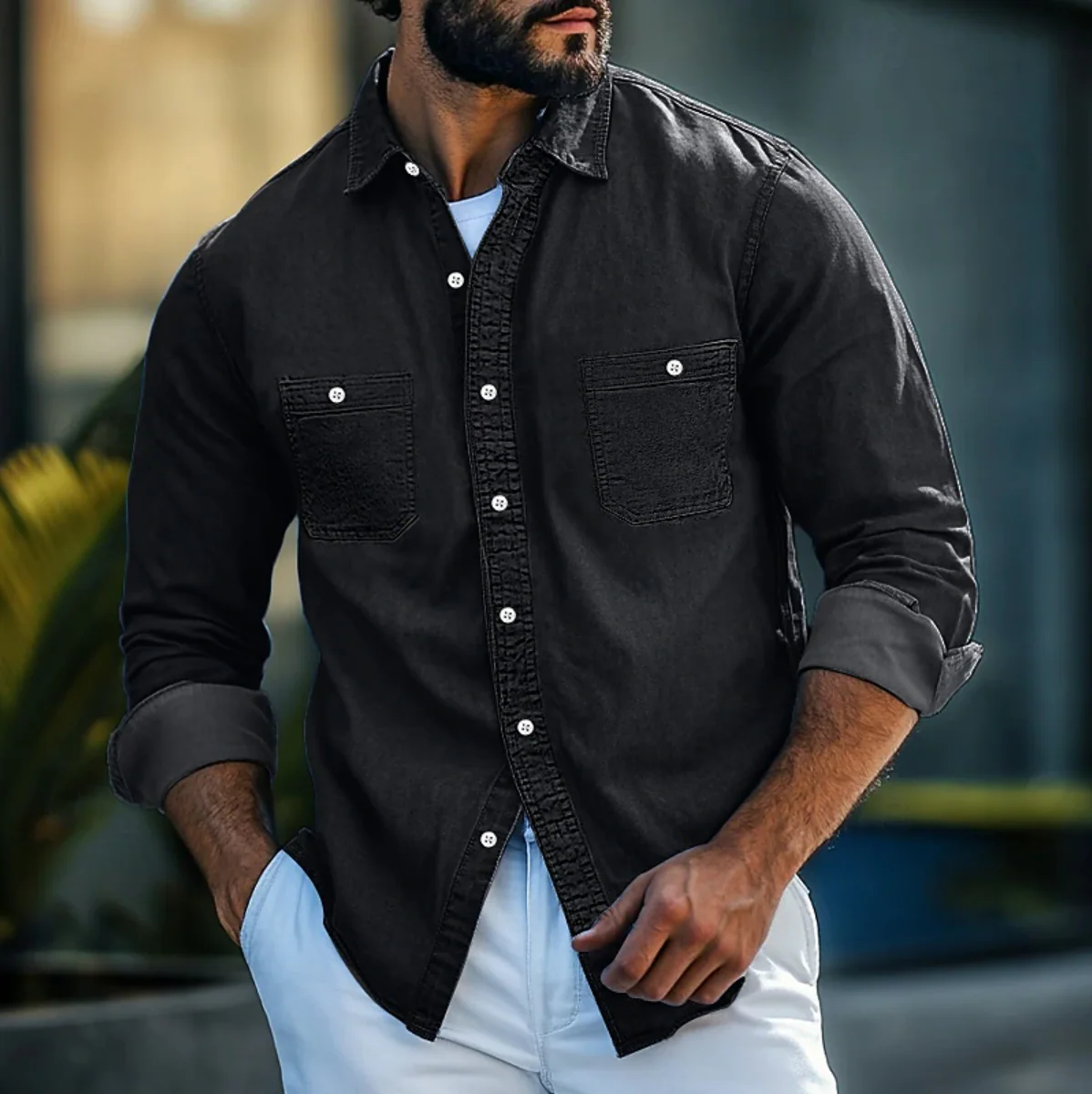 Chemise en Jean pour Hommes - Coupe Classique - Manches Longues - Boutonnée avec Poches à la Poitrine – Image 2