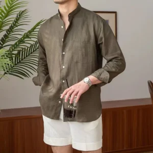 Chemise en lin pour hommes - Coupe décontractée - Col mandarin - Manche longue à boutons - Style casual élégante