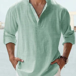 Chemise Henley confortable pour hommes - Mélange coton-linen respirant - Coupe décontractée avec manches longues et col à bandes