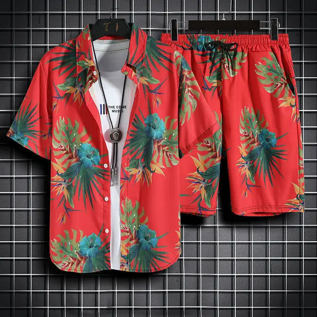 Ensemble décontracté pour hommes avec motif tropical à boutons, parfait pour un style décontracté et tendance – Image 3