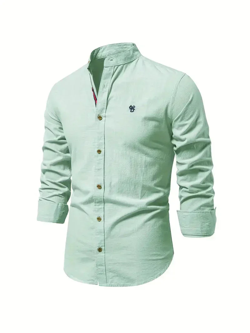 Chemise décontractée pour homme en coton mélangé - coupe slim et col mandarin avec manches longues – Image 3