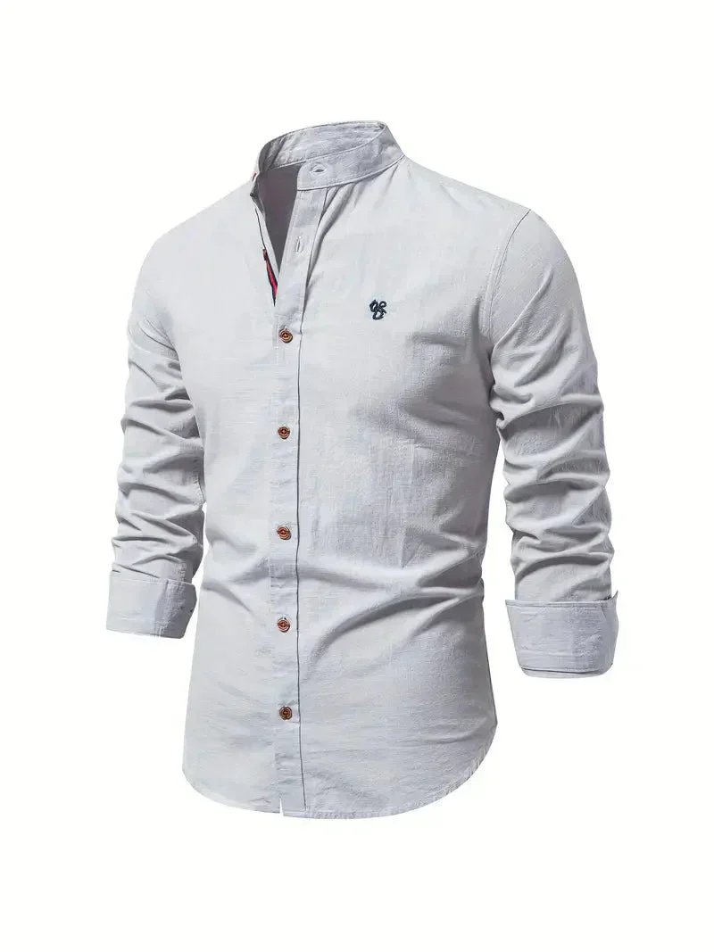 Chemise décontractée pour homme en coton mélangé - coupe slim et col mandarin avec manches longues – Image 6