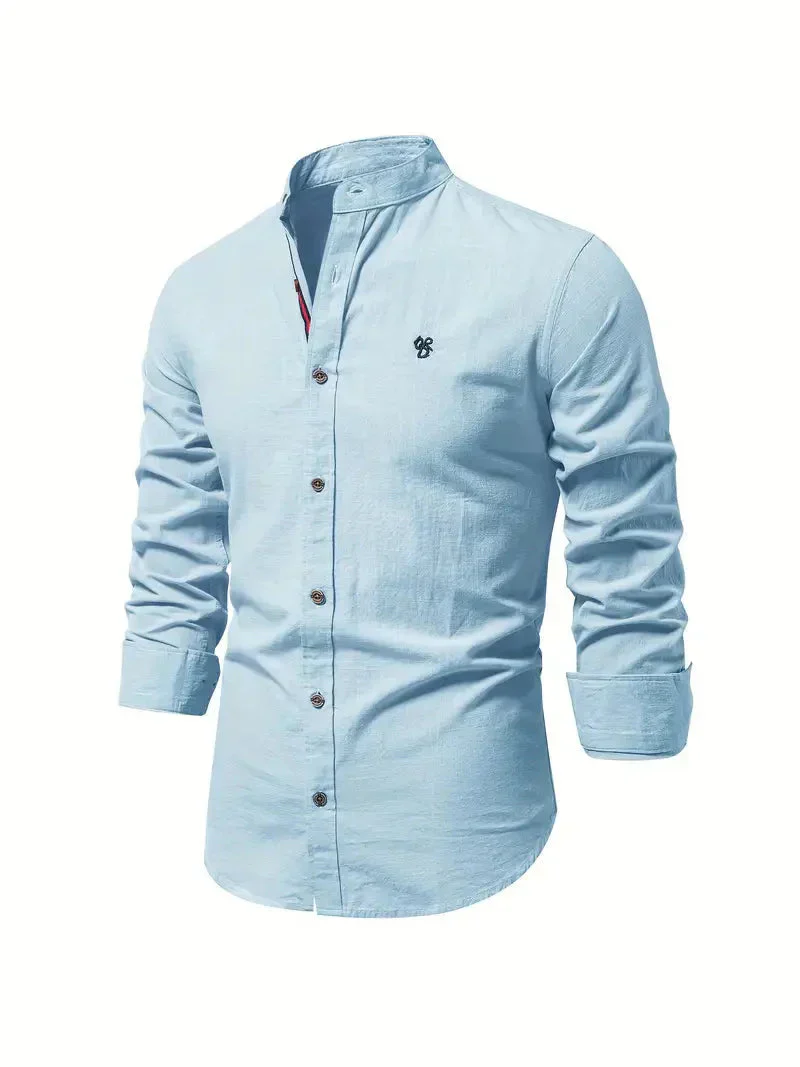 Chemise décontractée pour homme en coton mélangé - coupe slim et col mandarin avec manches longues – Image 8