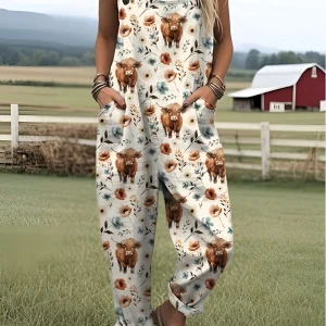 Elovoix™ | Combinaison à motif de vache Highland pour femmes avec jambes larges