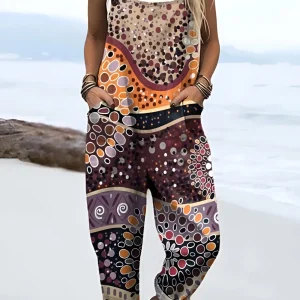 Elovoix™ | Combinaison pour femmes avec motif géométrique et impression artistique, vintage, jambes larges