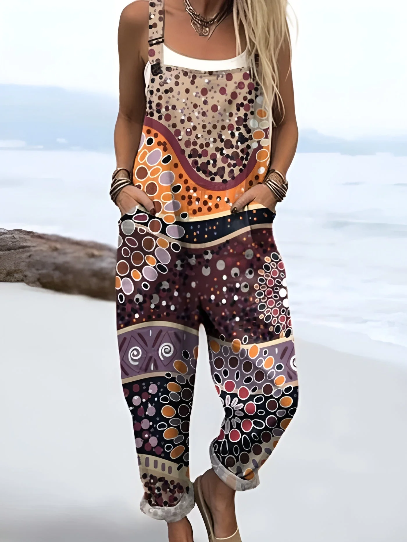 Elovoix™ | Combinaison pour femmes avec motif géométrique et impression artistique, vintage, jambes larges