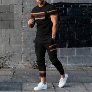 Ensemble deux pièces pour hommes : t-shirt à manches longues et pantalon avec bloc de couleurs pour un style moderne