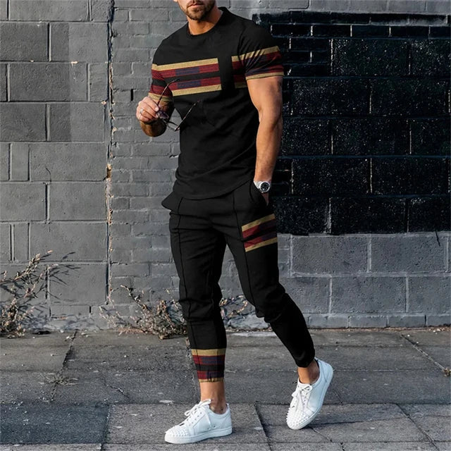 Ensemble deux pièces pour hommes : t-shirt à manches longues et pantalon avec bloc de couleurs pour un style moderne