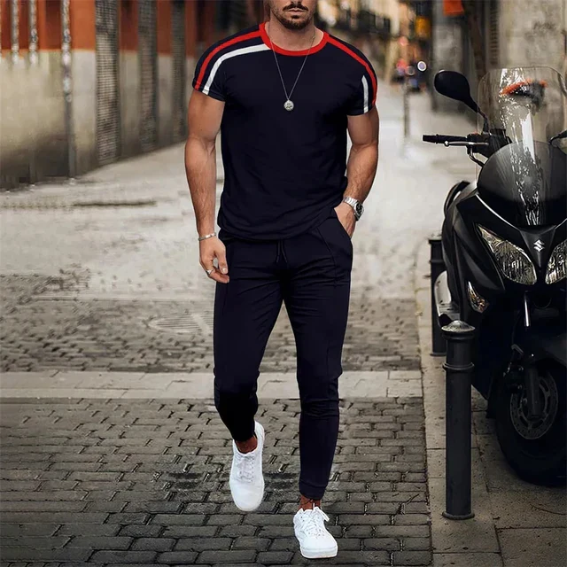 Ensemble deux pièces pour hommes : t-shirt à manches longues et pantalon avec bloc de couleurs pour un style moderne – Image 2