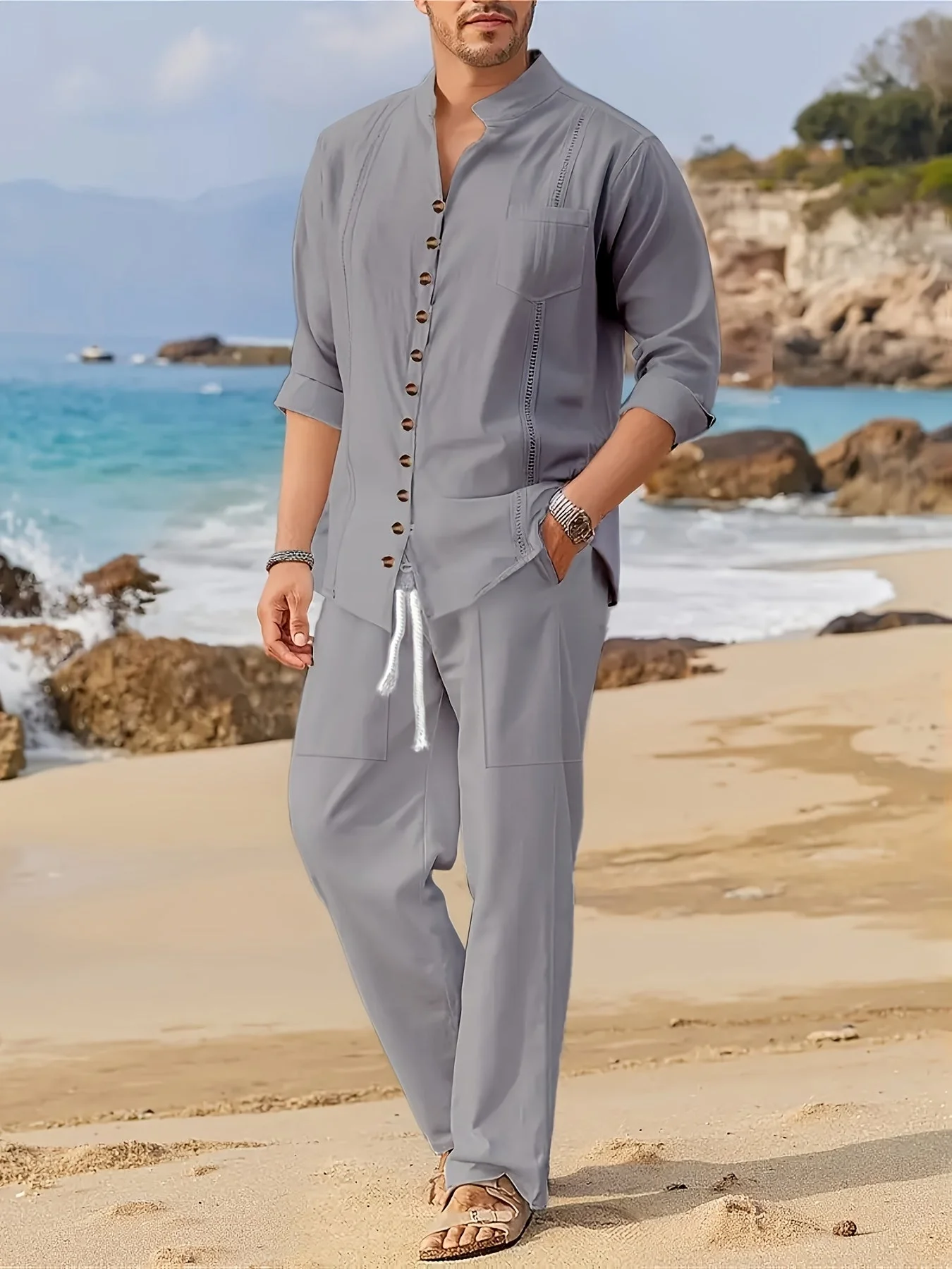 Ensemble de Plage pour Hommes - Chemise à Manches Longues à Boutons & Pantalons à Cordons - Coupe Décontractée – Image 2