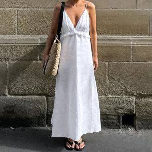 Robe Blanche Sexy en Coton Lin à Volants