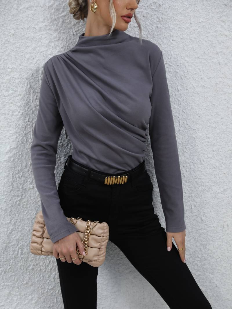 Top drapé gris élégant - blouse décontractée à manches longues pour femme pour un look élégant – Image 3
