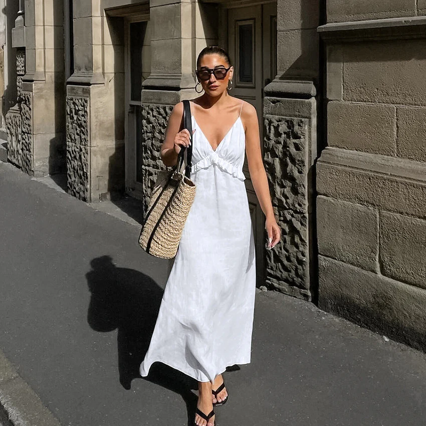 Robe Blanche Sexy en Coton Lin à Volants – Image 4