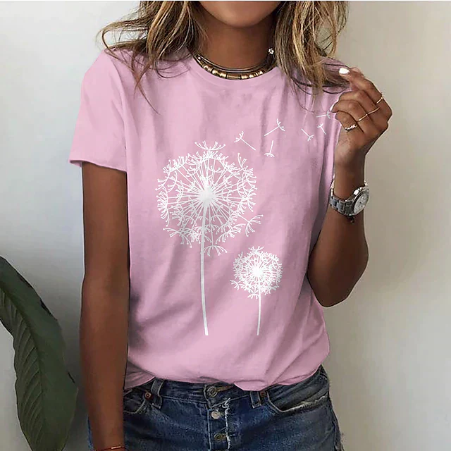 T-shirt élégant pour femmes avec impression délicate de pissenlits - manches courtes décontractées et tendance pour un confort quotidien – Image 4