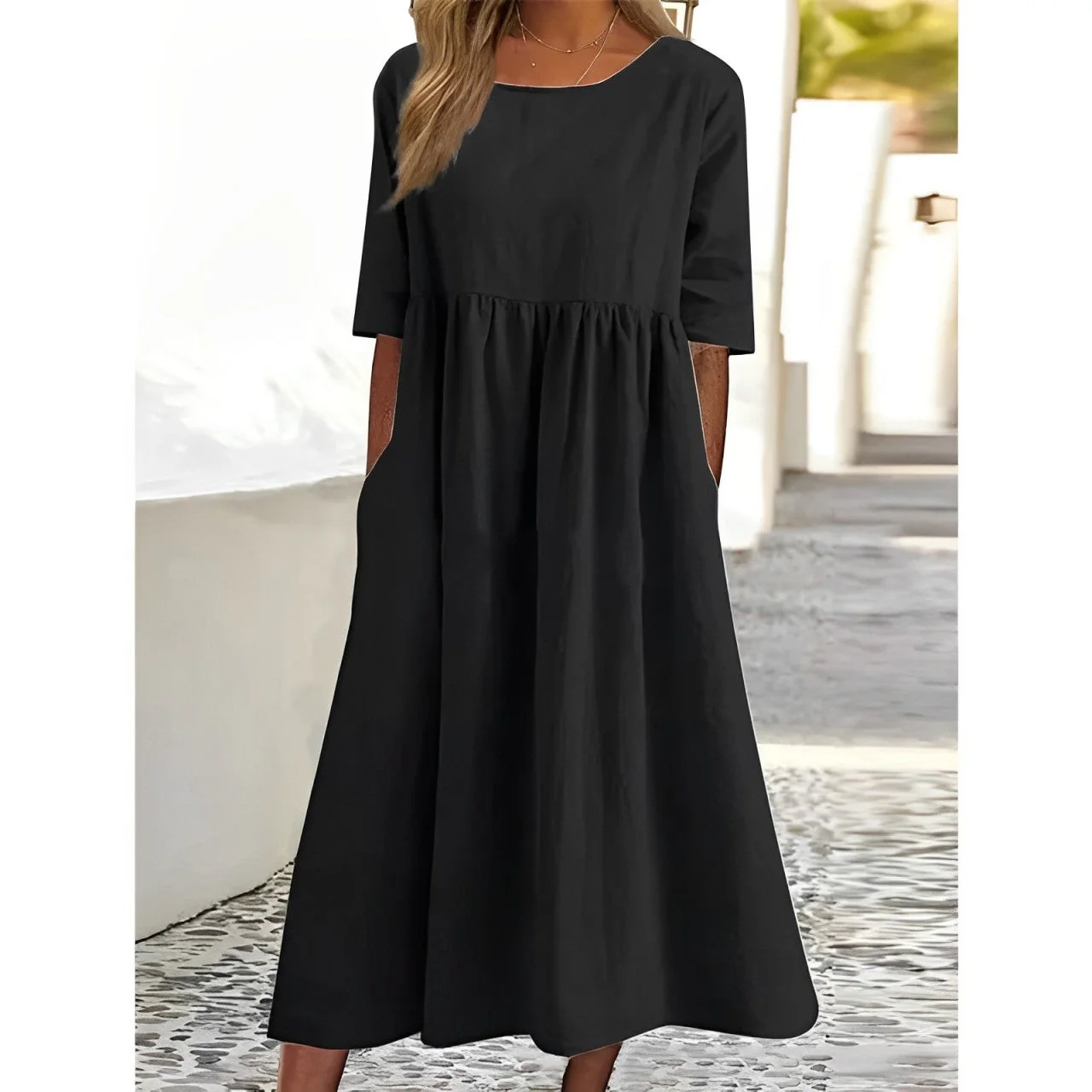 Harper - Elegante robe midi vintage en coton et lin transpirable avec motif plissé – Image 4