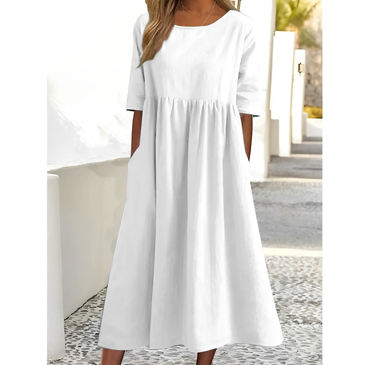 Harper - Elegante robe midi vintage en coton et lin transpirable avec motif plissé – Image 2