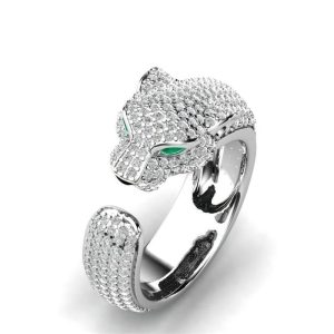 Bague Jaguar Ajustable en Argent 18K et Or Rose avec Yeux en Zirconia Vert