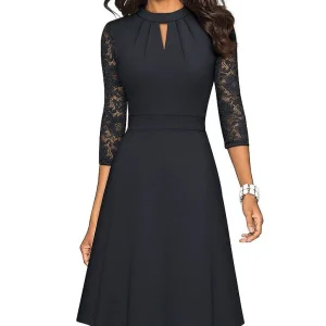 Robe élégante pour femmes - Coupe A avec col montant en dentelle et manches 3/4 - Tenue semi-formelle sophistiquée