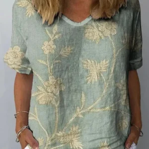 T-shirt en lin brodé à la coupe décontractée pour femmes, gris doux - Top confortable et décontracté à motif floral