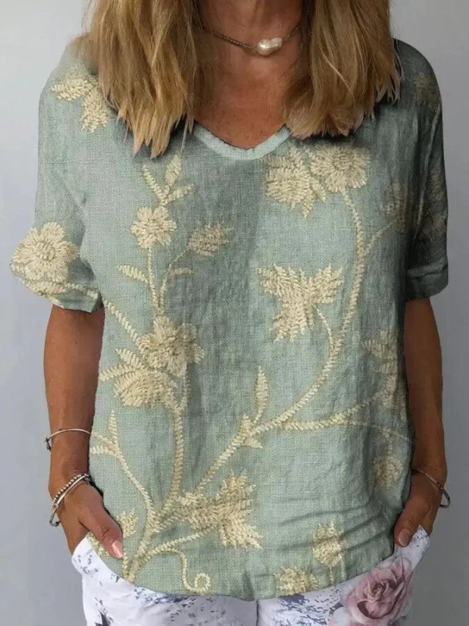 T-shirt en lin brodé à la coupe décontractée pour femmes, gris doux - Top confortable et décontracté à motif floral